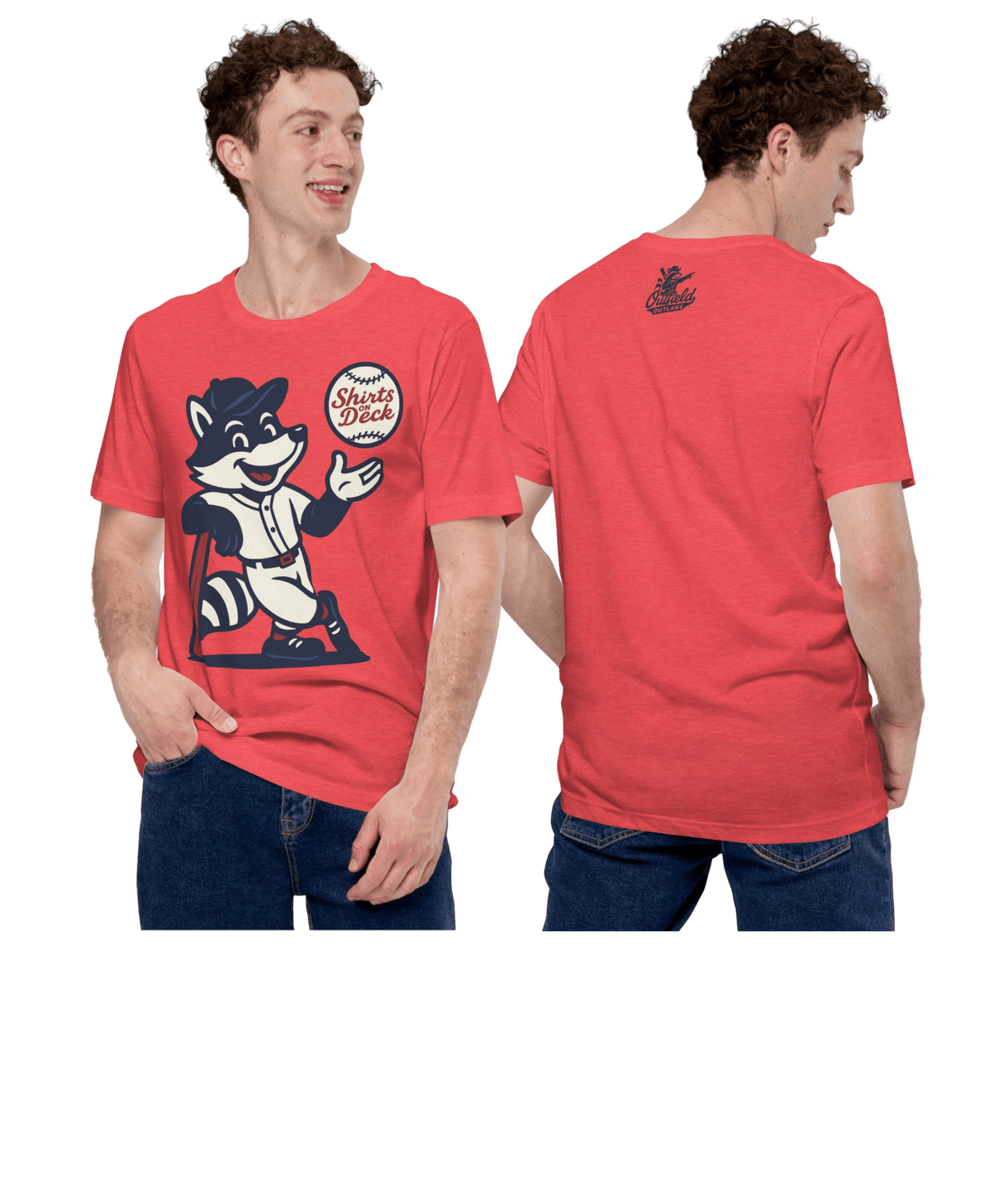 Man wearing red Outfield Outlaws Shirts On Deck tee featuring retro mascot Rookie the Raccoon on the front and Outfield Outlaws logo printed at the upper back
