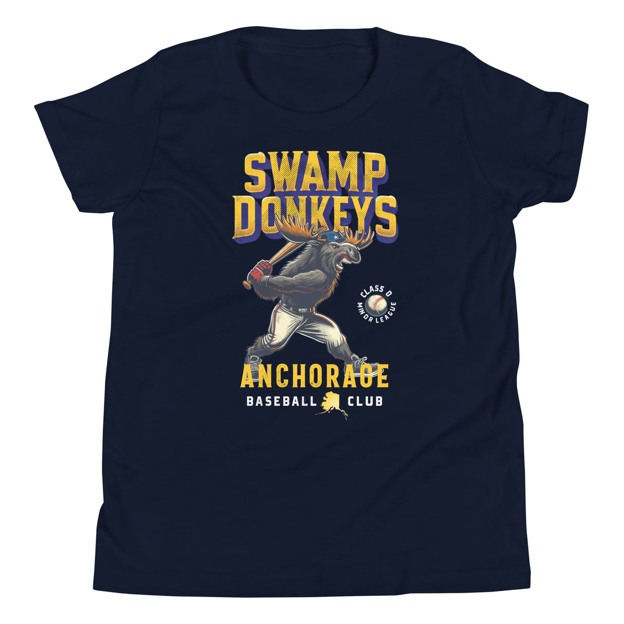 Anchorage Swamp Donkeys Youth Navy T-Shirt ā Moose Mascot Flat Lay
