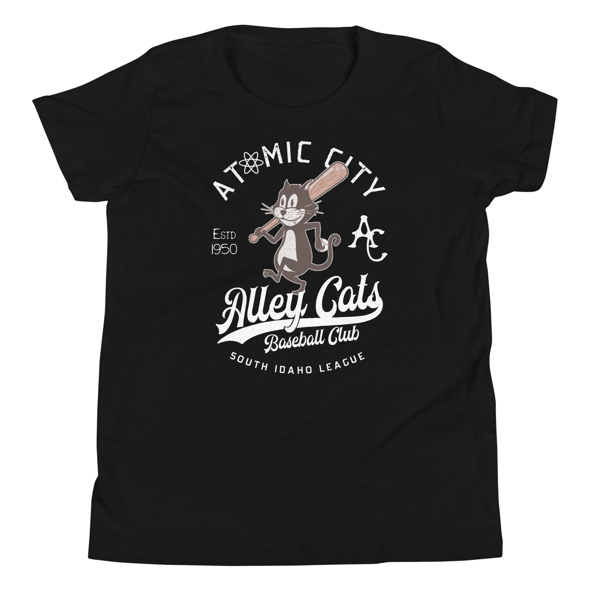 Atomic City Alley Cats Youth Mascot Shirt – Black Flat Lay