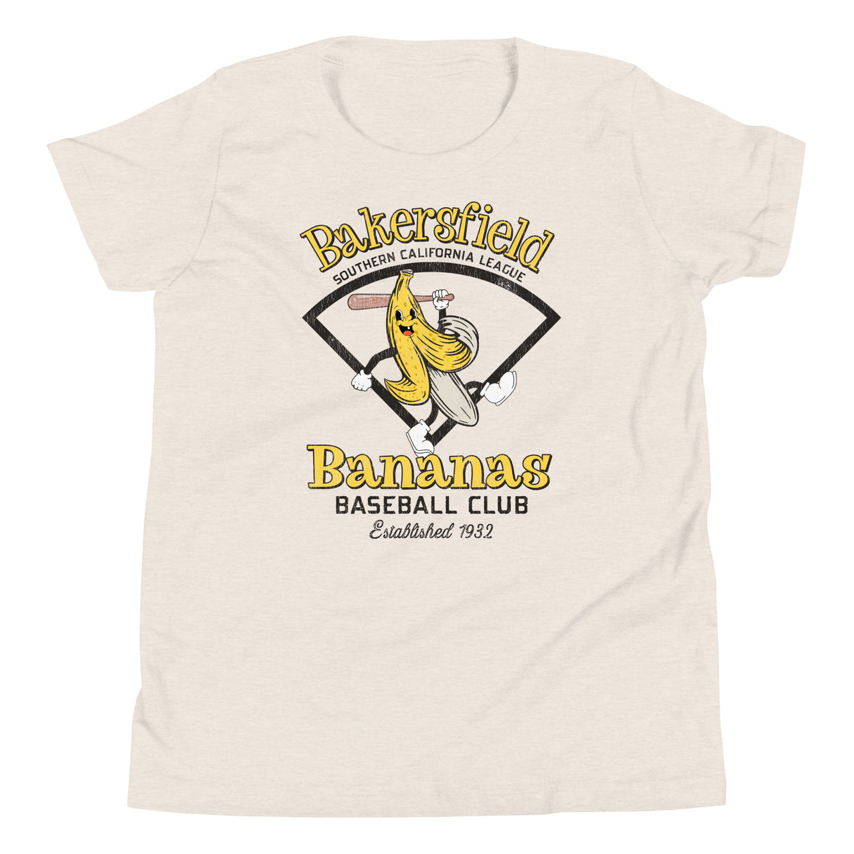 Bakersfield Bananas Youth T-Shirt – Goofy Mascot Flat Lay
