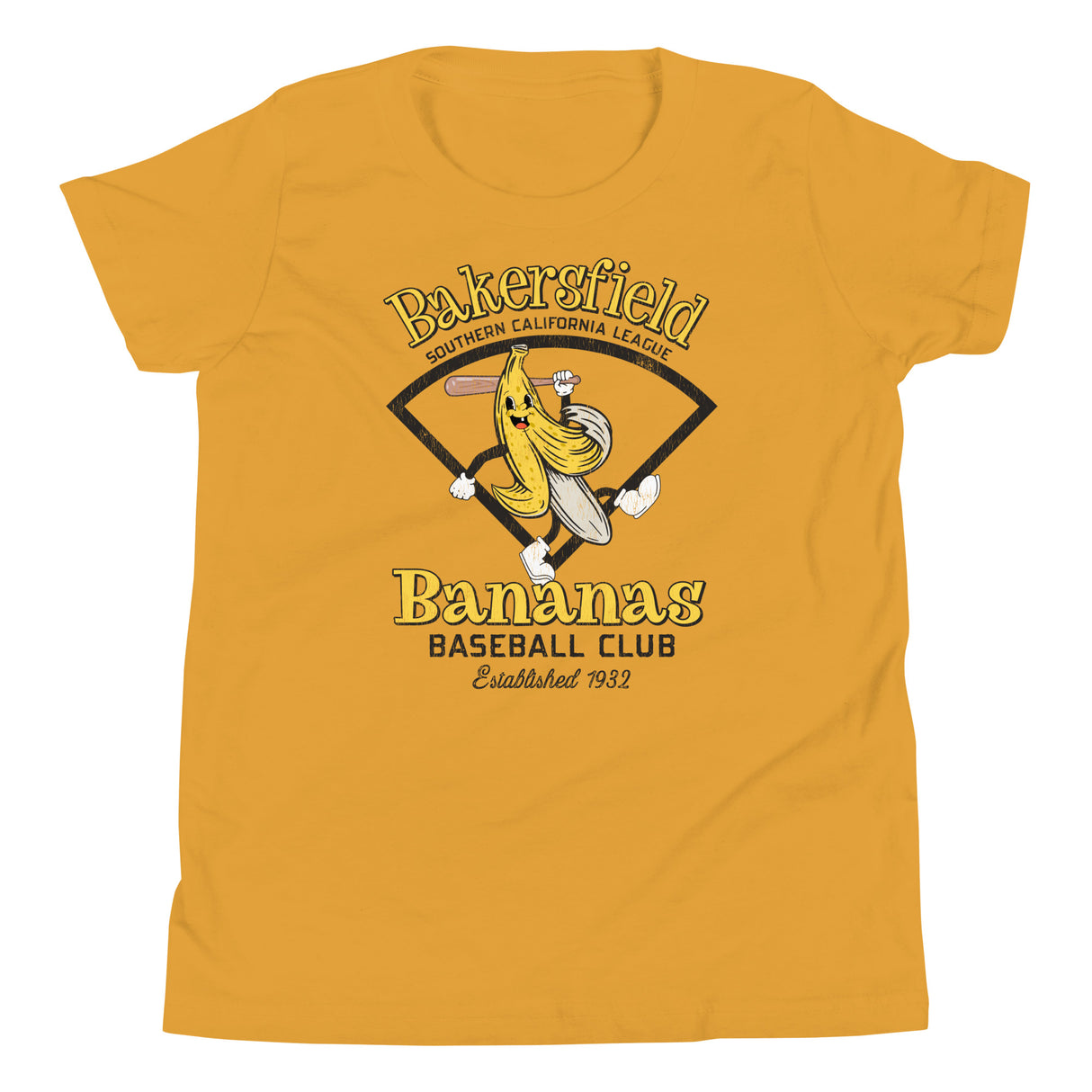 Bakersfield Bananas Youth Yellow T-Shirt – Goofy Mascot Flat Lay