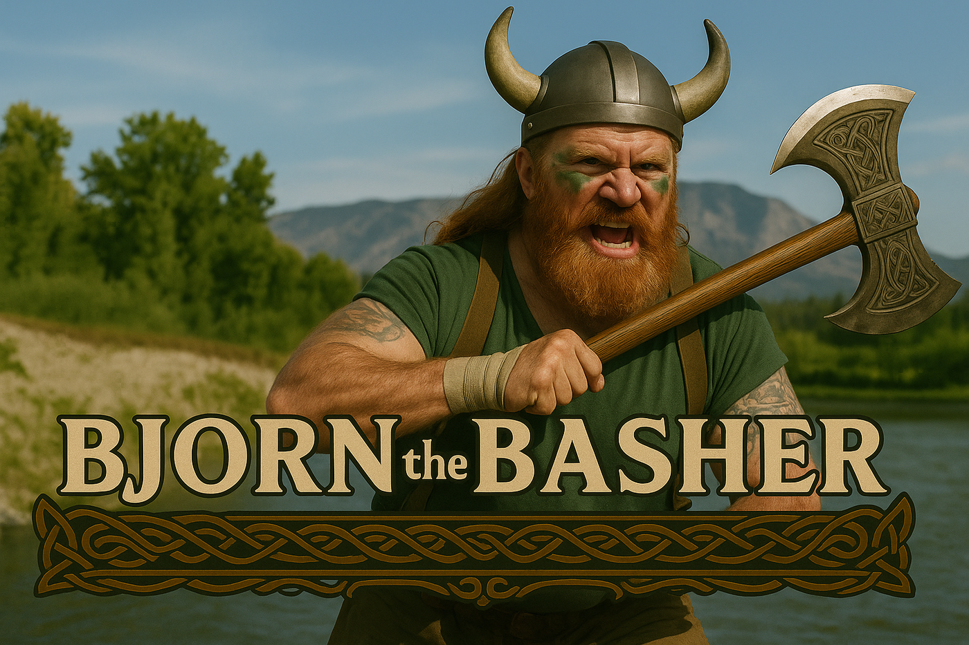 Bjorn the Basher, the Viking-themed mascot of the Riverside Ravagers, holding a double-headed battle axe and shouting with a fierce expression against a scenic river and mountain backdrop.