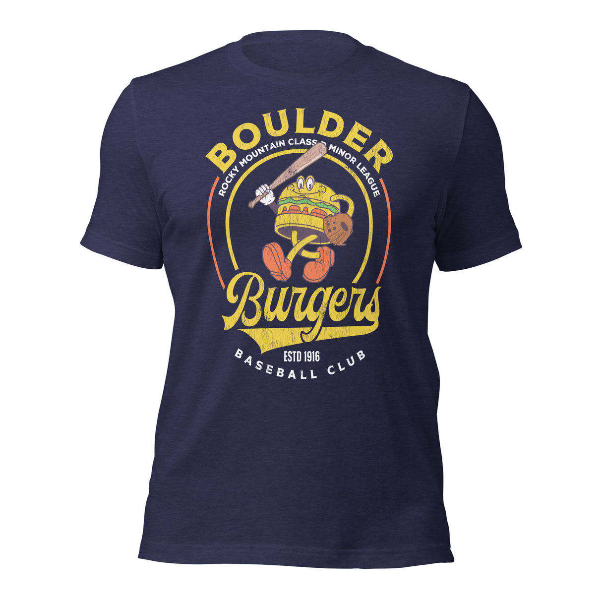 Flat lay of Boulder Burgers retro baseball t-shirt in heather navy
