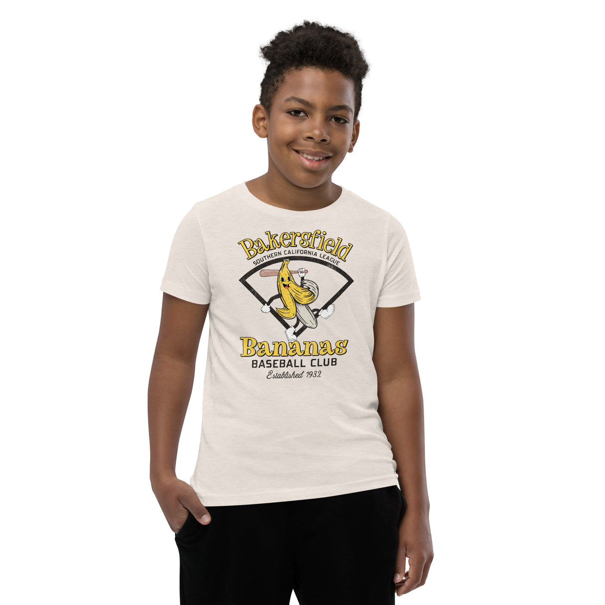 Boy in Bakersfield Bananas tee – retro baseball mascot