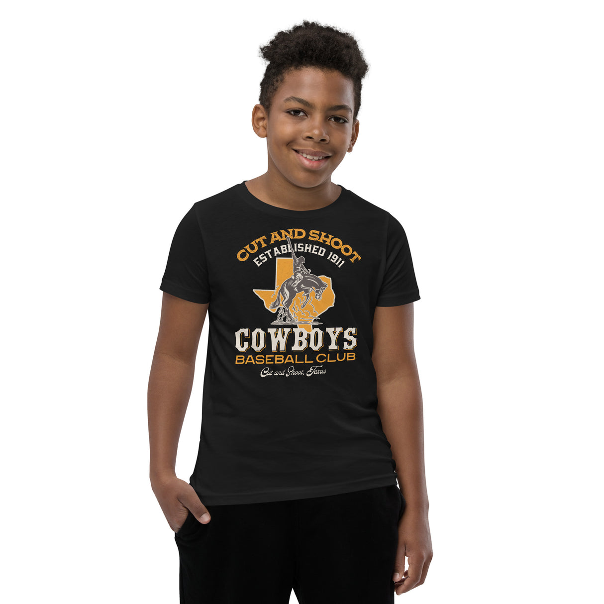 Boy in Cut and Shoot Cowboys mascot tee – youth baseball shirt