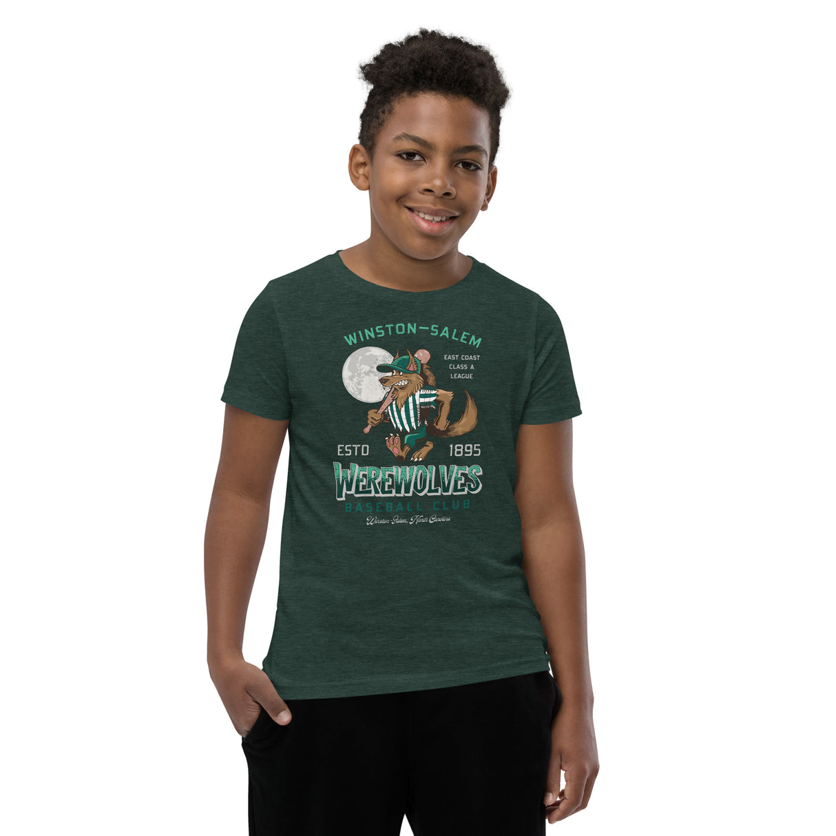 Boy in Winston-Salem Werewolves youth shirt – retro wolf mascot