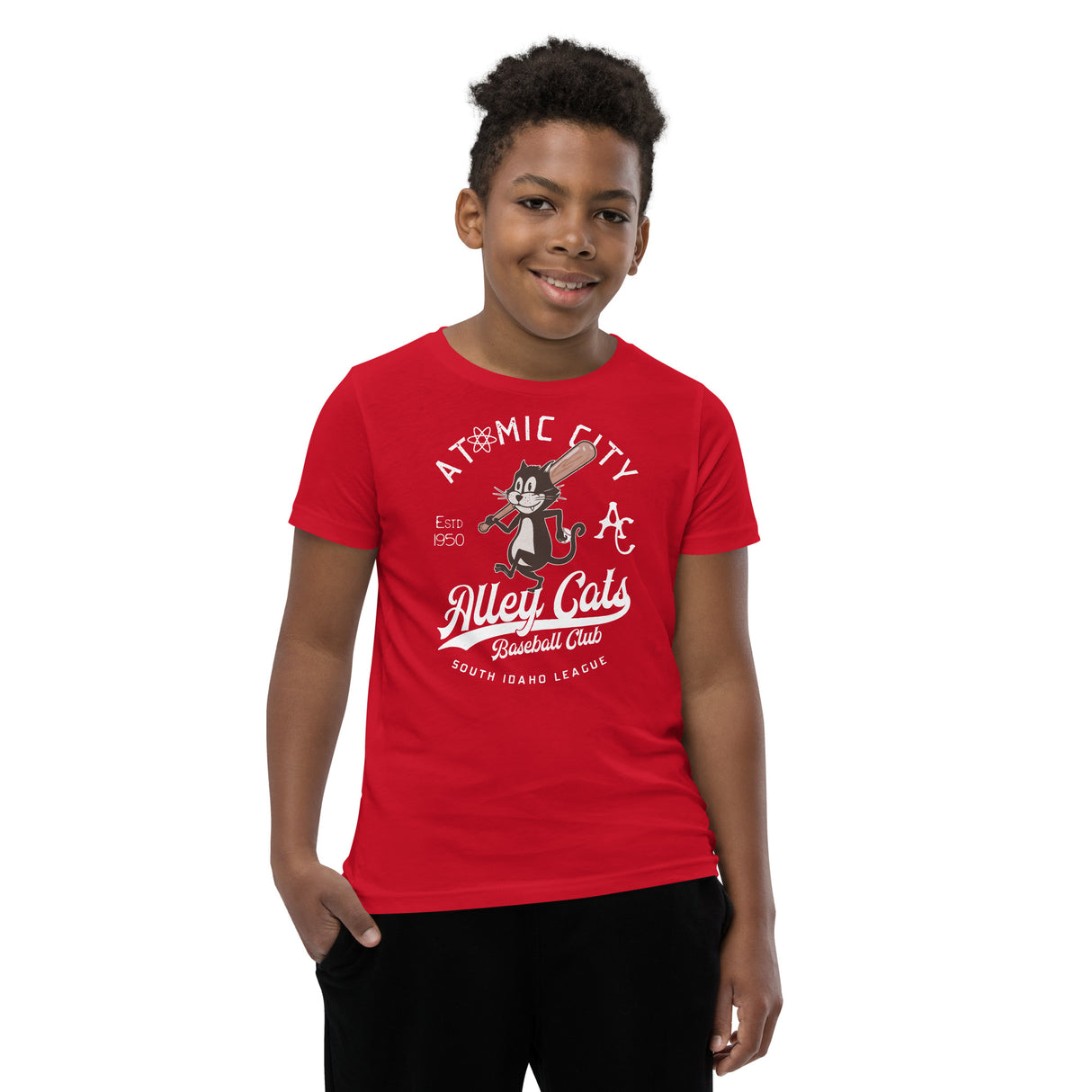 Boy wearing Atomic City Alley Cats tee – science mascot shirt