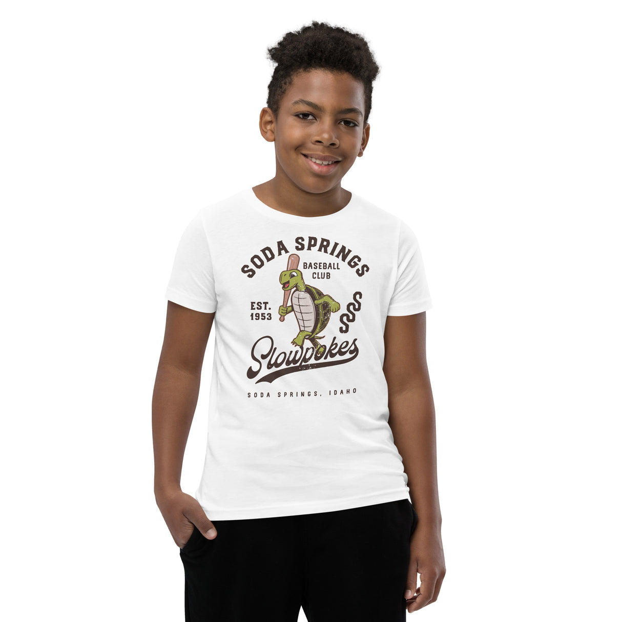 Boy wearing Soda Springs Slow Pokes youth mascot shirt