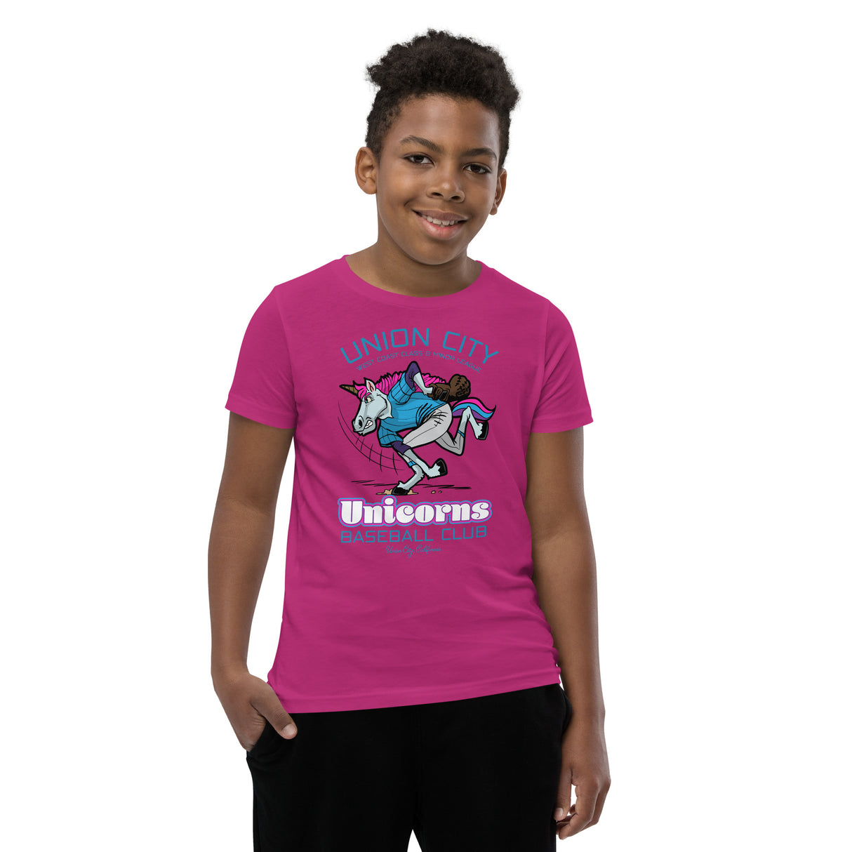 Boy wearing Union City Unicorns mascot tee – youth Bella Canvas