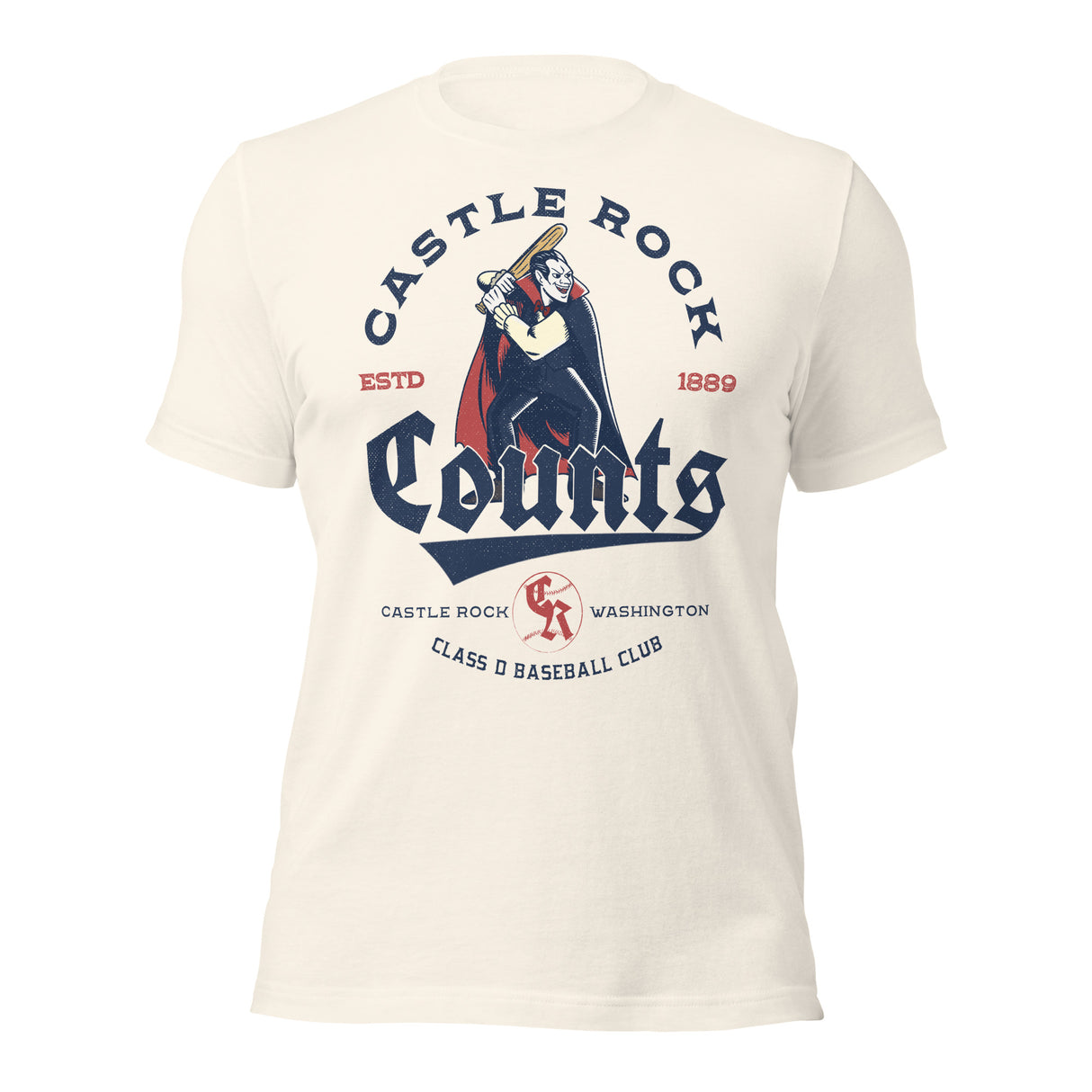 Flat lay of Castle Rock Counts retro baseball shirt in Vintage White, showcasing a classic vampire mascot with a wooden bat.