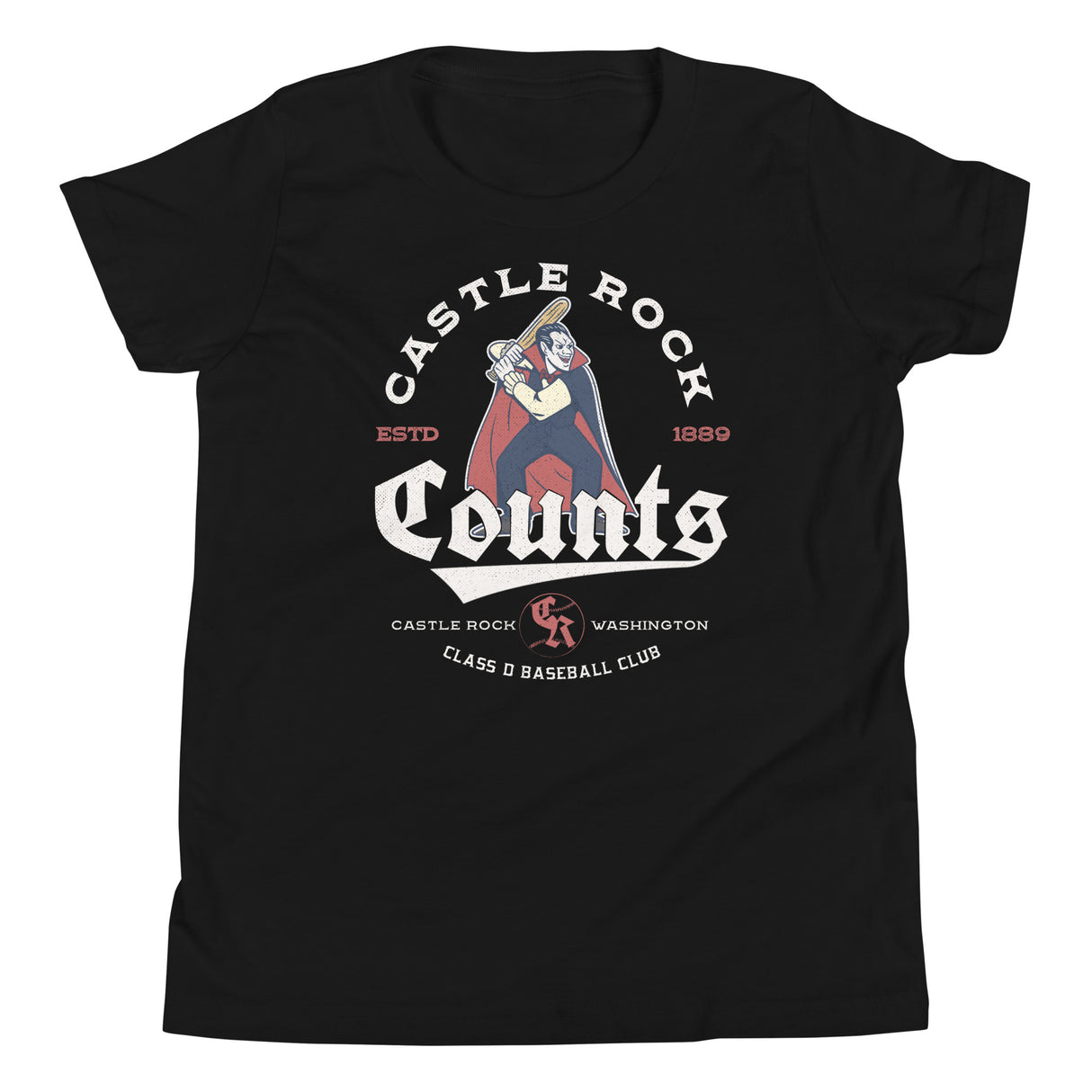 Castle Rock Counts Youth Black T-Shirt – Vampire Mascot Flat Lay