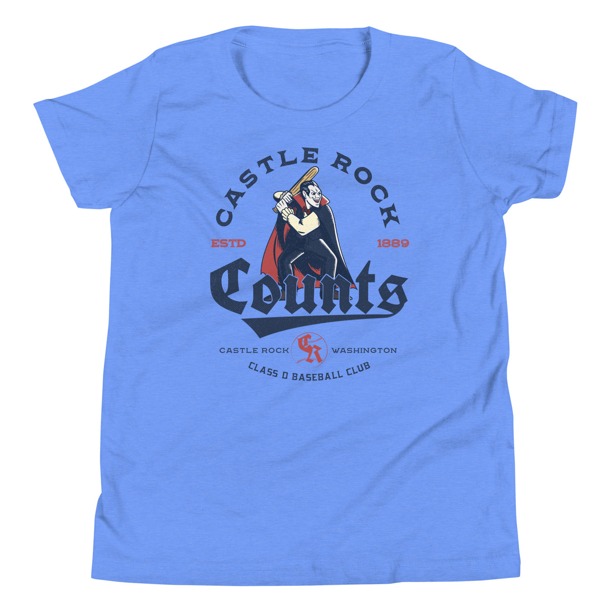 Flat lay of Castle Rock Counts youth t-shirt in Heather Columbia Blue, featuring a vintage vampire baseball mascot from a retro minor league team.