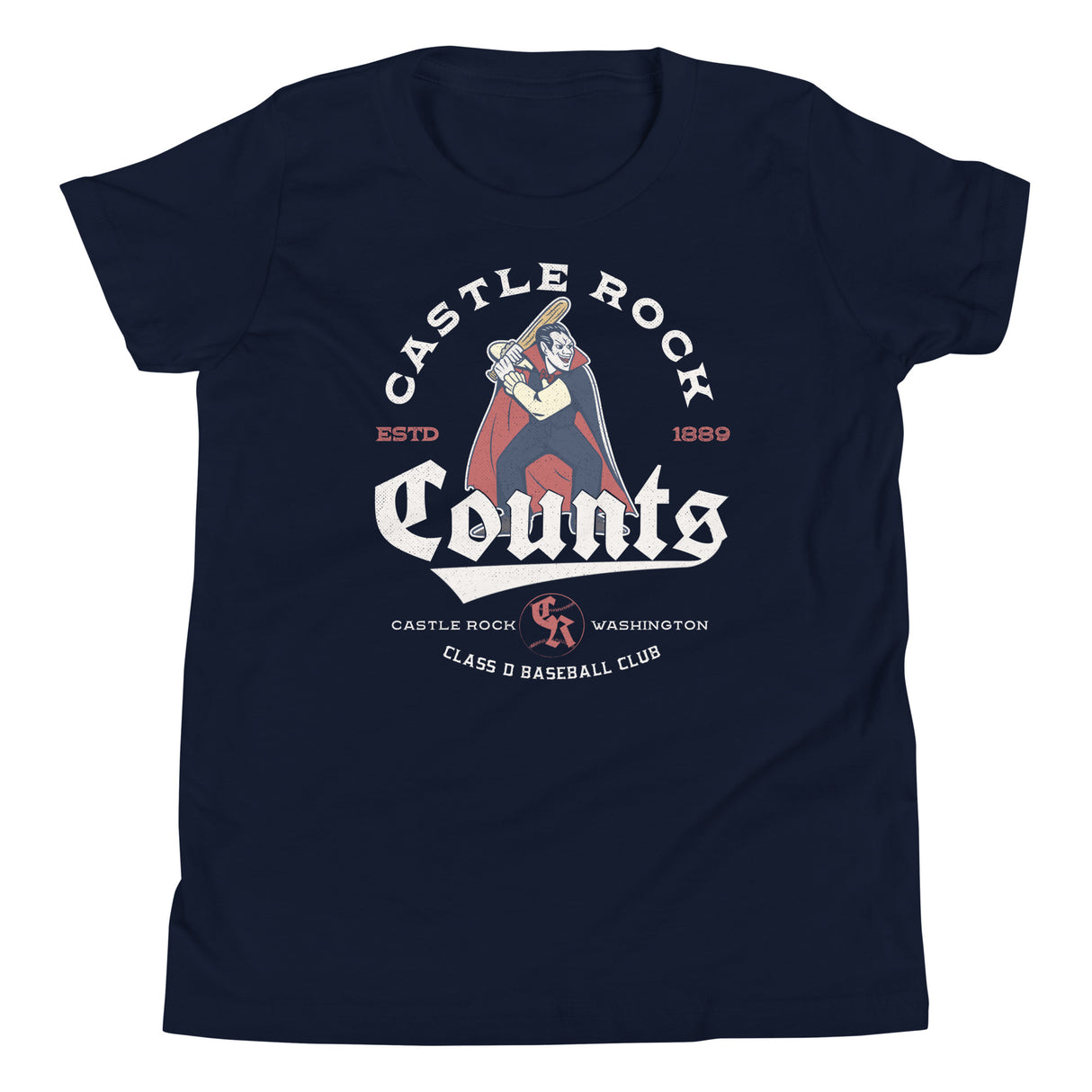 Castle Rock Counts Youth T-Shirt – Vampire Mascot Flat Lay