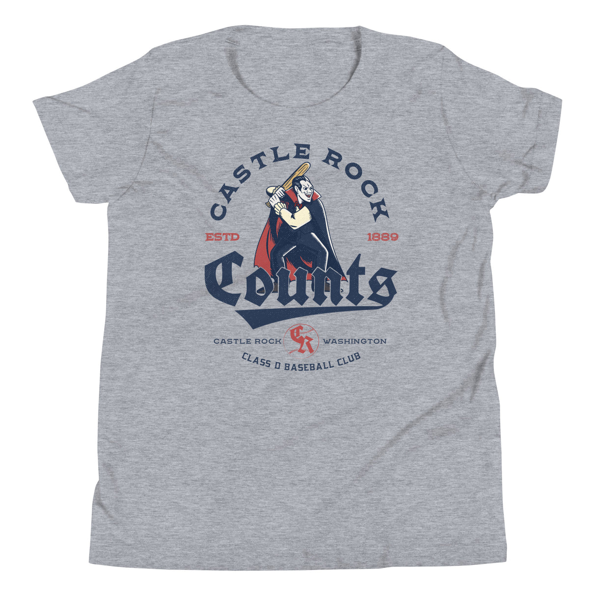 Flat lay of Castle Rock Counts retro youth tee in Heather Grey, showcasing an old school baseball Dracula mascot with wood bat detail.