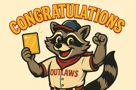 Rookie the Raccoon holding a gold card with the text "Congratulations"
