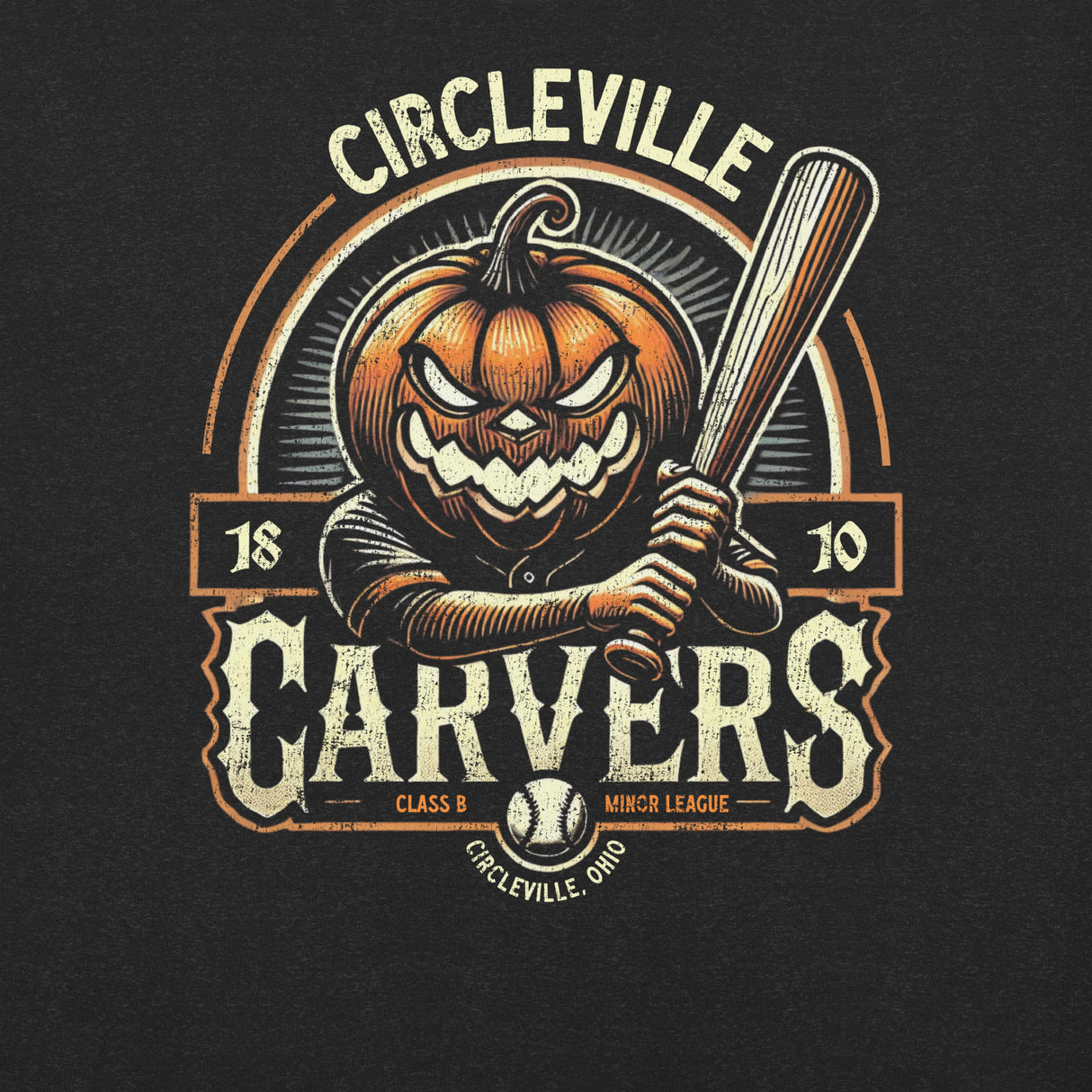 Close-up view of Circleville Carvers design printed on heather black fabric, showcasing vintage pumpkin baseball mascot