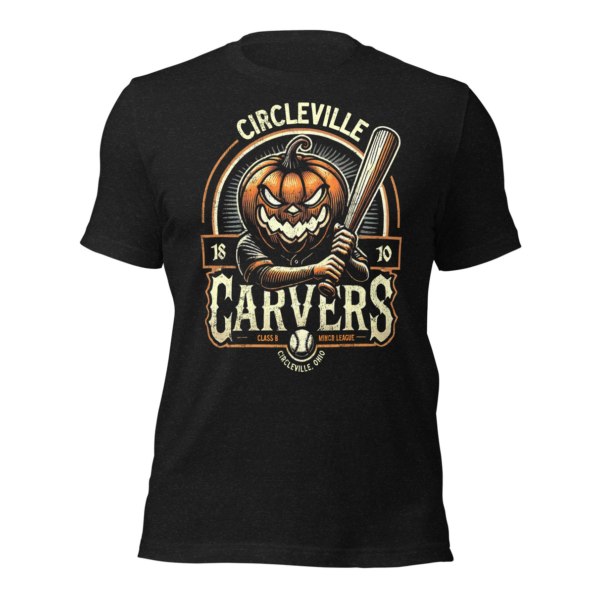 Flat lay of Circleville Carvers t-shirt in heather black featuring a fierce pumpkin-head baseball mascot in vintage style