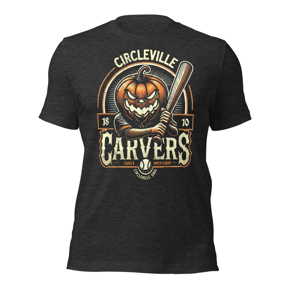 Flat lay of Circleville Carvers t-shirt in heather charcoal with retro pumpkin baseball design and Circleville, Ohio text