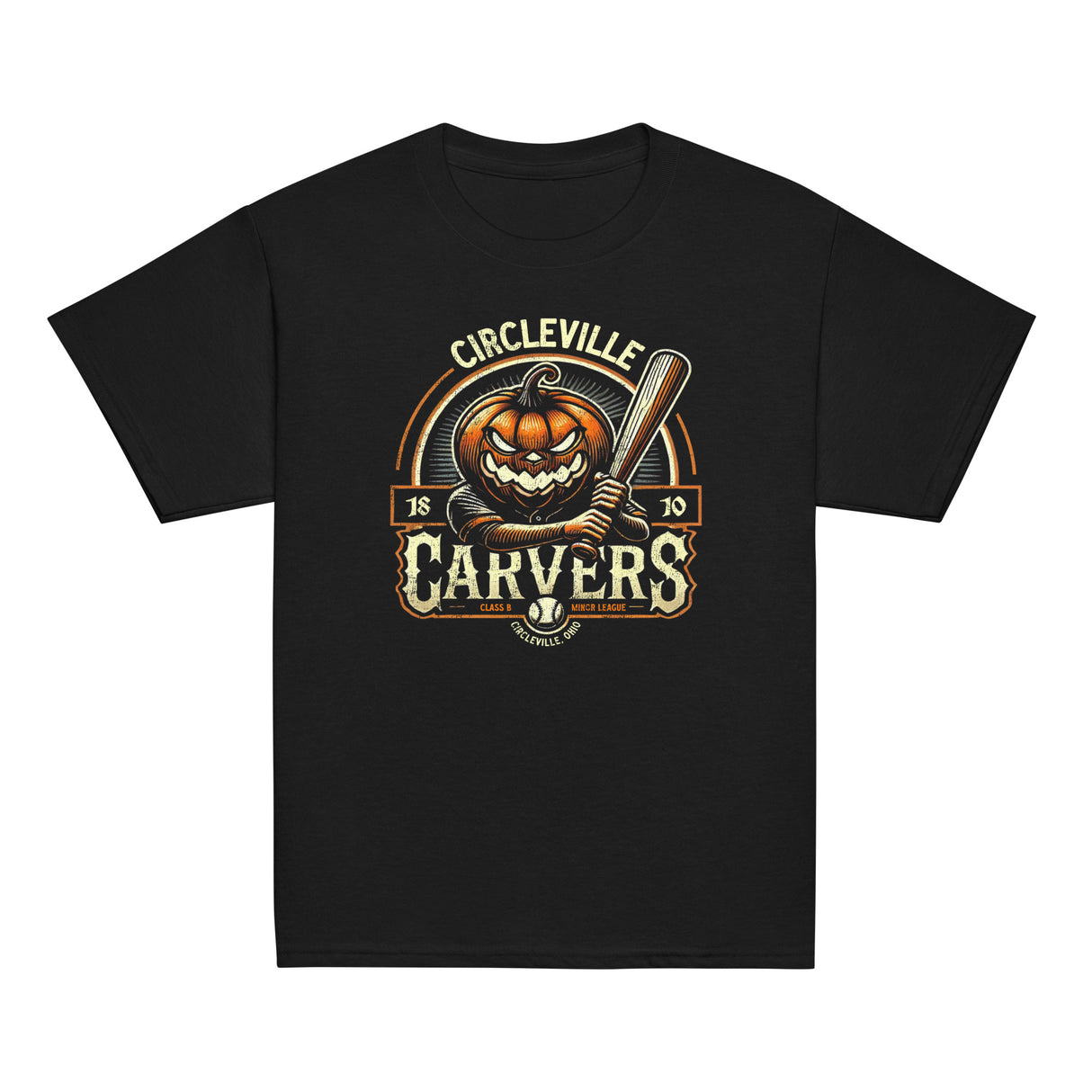 Flat lay of Circleville Carvers youth t-shirt in black featuring a vintage pumpkin-headed baseball mascot design