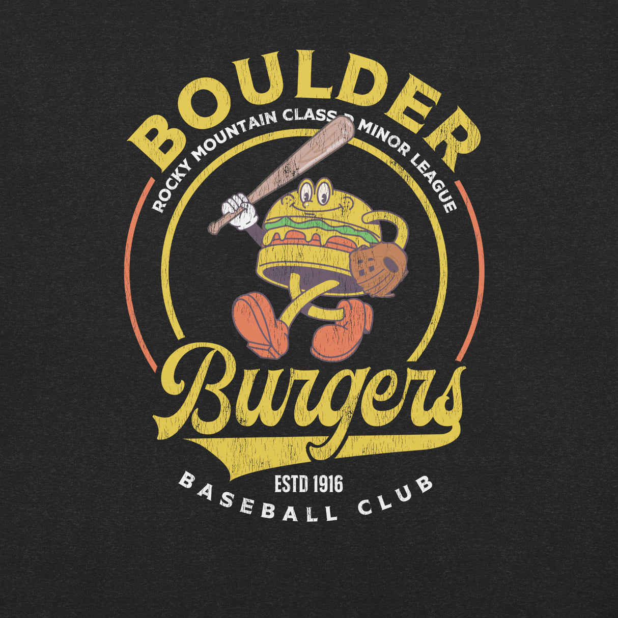 Detailed view of Boulder Burgers mascot on black shirt with baseball bat and glove
