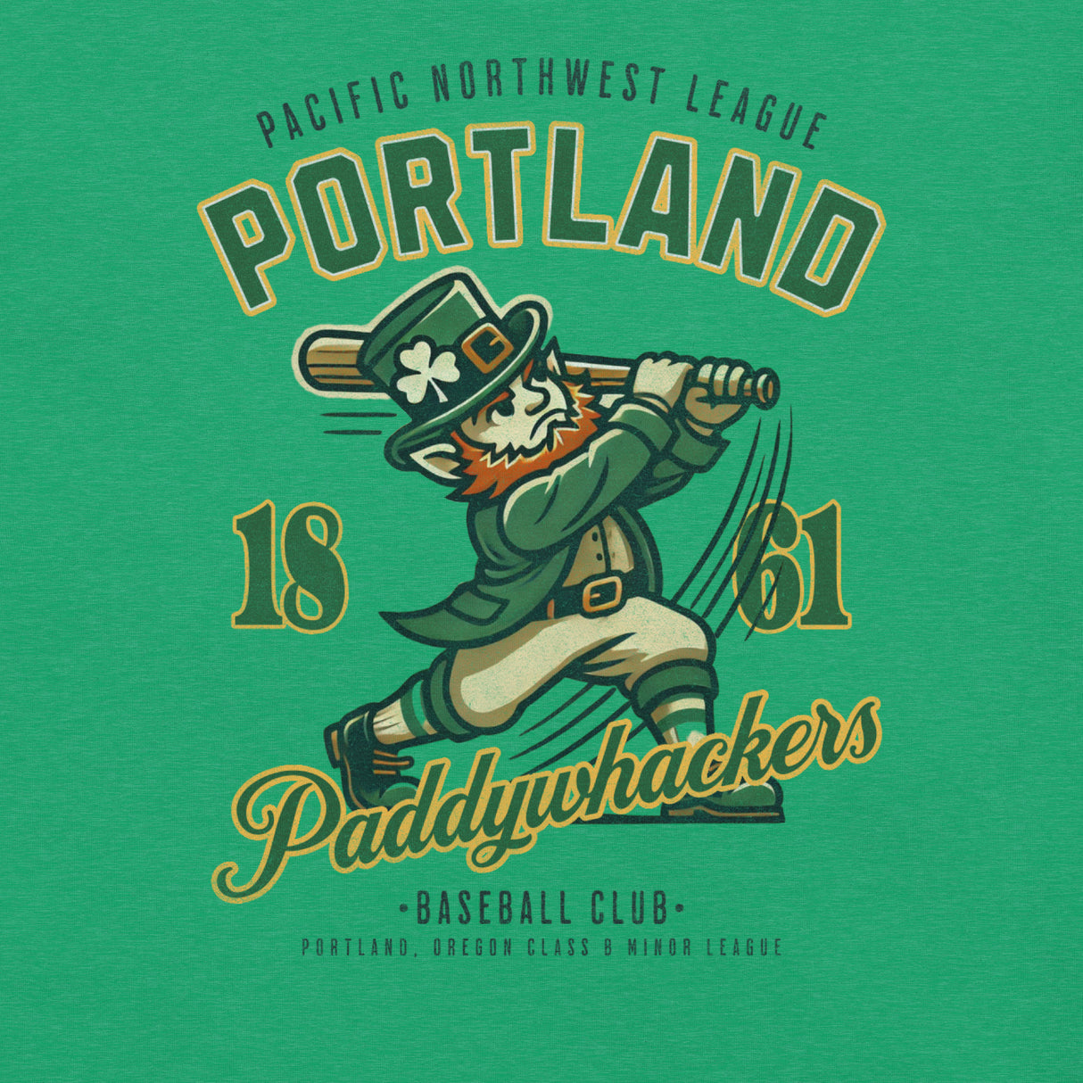 Detailed close-up of Portland Paddywhackers leprechaun baseball graphic on kelly heather green t-shirt, highlighting retro textures and bold typography.
