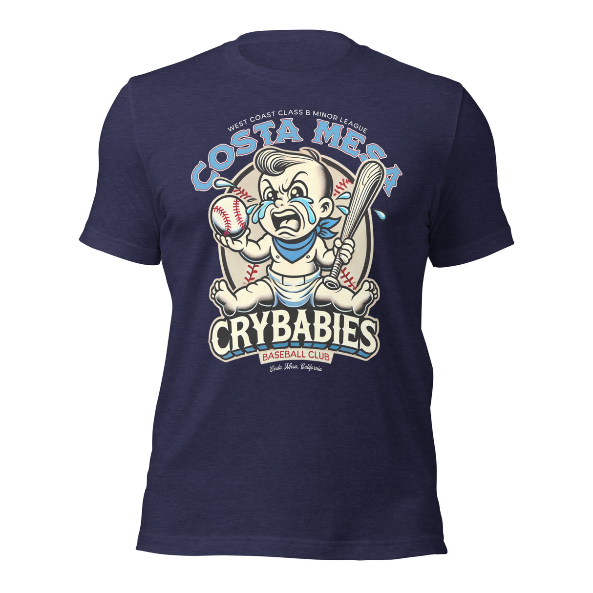 Flat lay of the Outfield Outlaws Costa Mesa Crybabies t-shirt in heather navy featuring a retro crying baby baseball mascot.