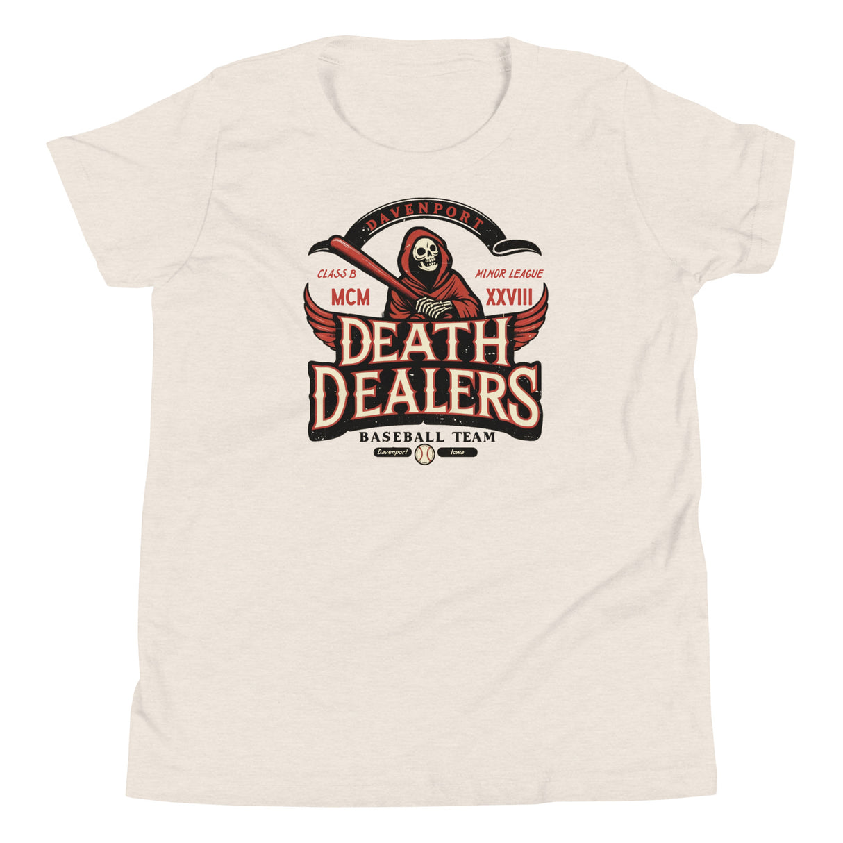 Davenport Death Dealers Youth T-Shirt – Skull Mascot Flat Lay