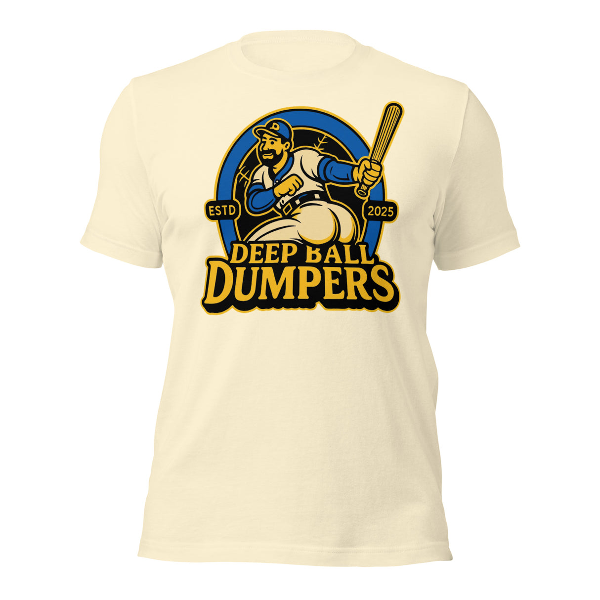 Flat lay of Deep Ball Dumpers t-shirt in natural color with vintage baseball parody design and bold mascot artwork.