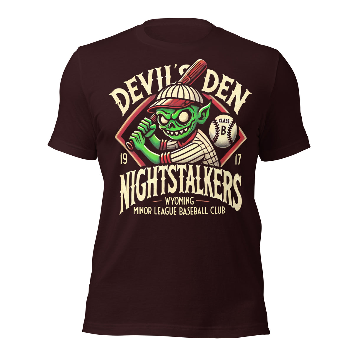 Flat lay of Devil’s Den Nightstalkers vintage-style baseball t-shirt in oxblood black, featuring a retro goblin mascot design.