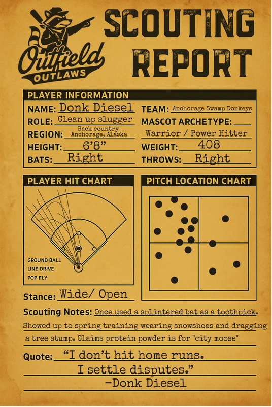 Donk Diesel vintage baseball scouting report card with player information and statistics.