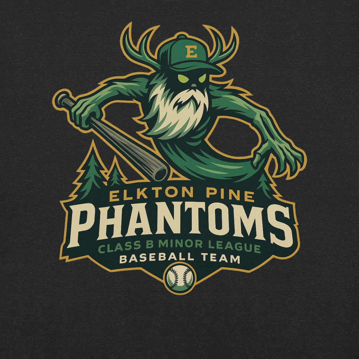 Close-up of Elkton Pine Phantoms baseball shirt in heather black showing Wendigo cryptid mascot and distressed graphic detail