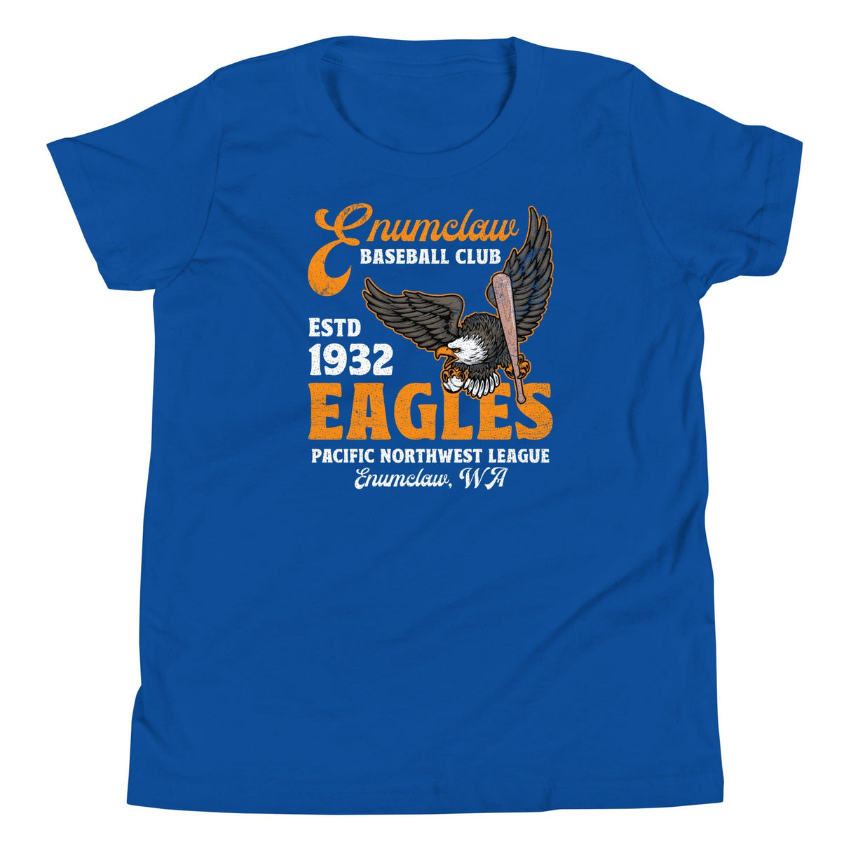 Enumclaw Eagles Youth Royal Blue T-Shirt – Fierce Bird Mascot Flat Lay