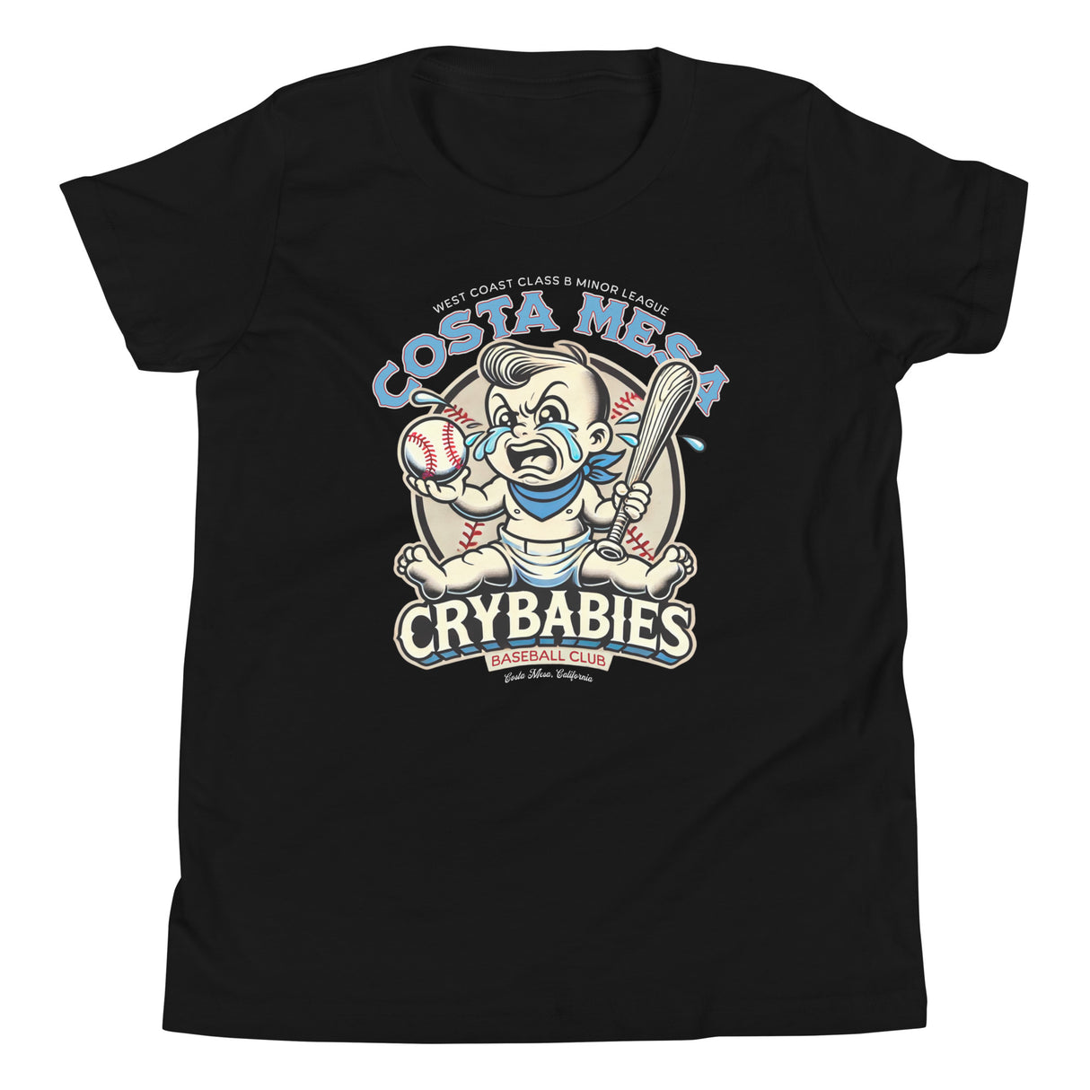 Flat lay of youth-sized Costa Mesa Crybabies t-shirt in black featuring old school crying baby baseball design