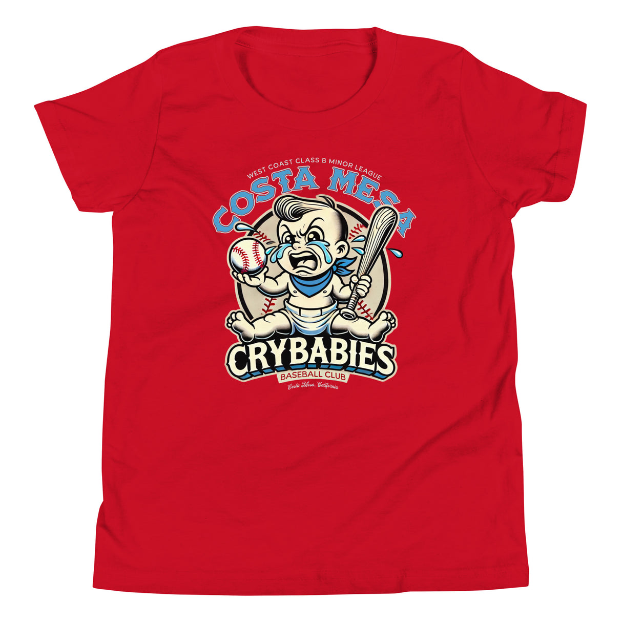 Flat lay of youth-sized Costa Mesa Crybabies t-shirt in heather red with vintage baseball baby mascot