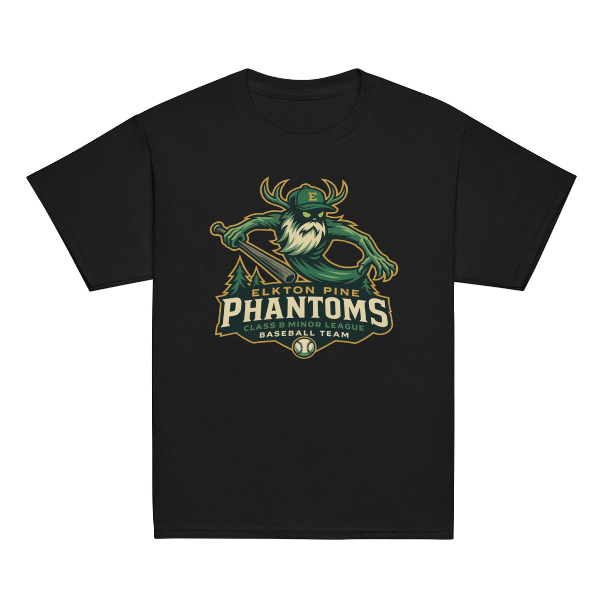 Flat lay of Elkton Pine Phantoms youth retro baseball t-shirt in black featuring Wendigo mascot design