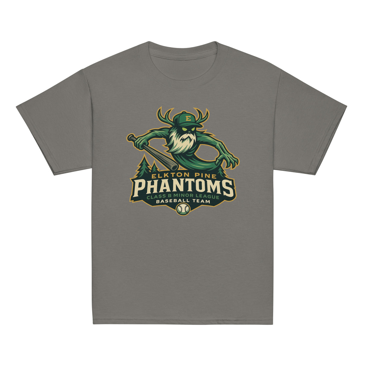 Flat lay of dark heather charcoal Elkton Pine Phantoms youth vintage baseball shirt with spooky cryptid mascot