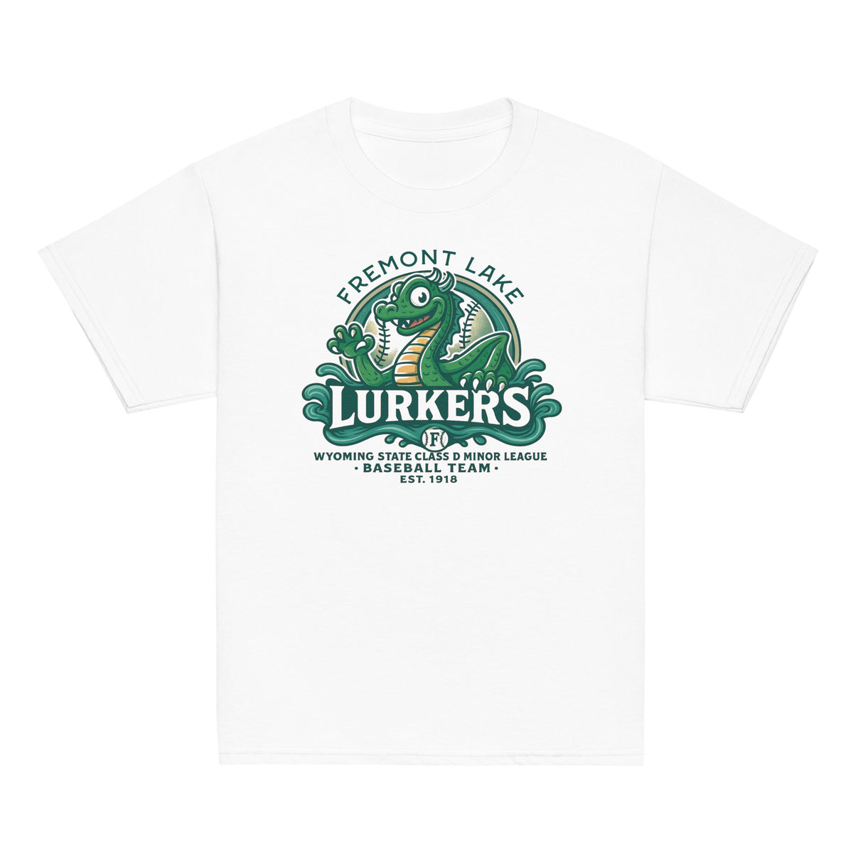 Top-down view of Fremont Lake Lurkers youth t-shirts in white, showcasing the vintage cryptid baseball mascot inspired by the Loch Ness Monster.