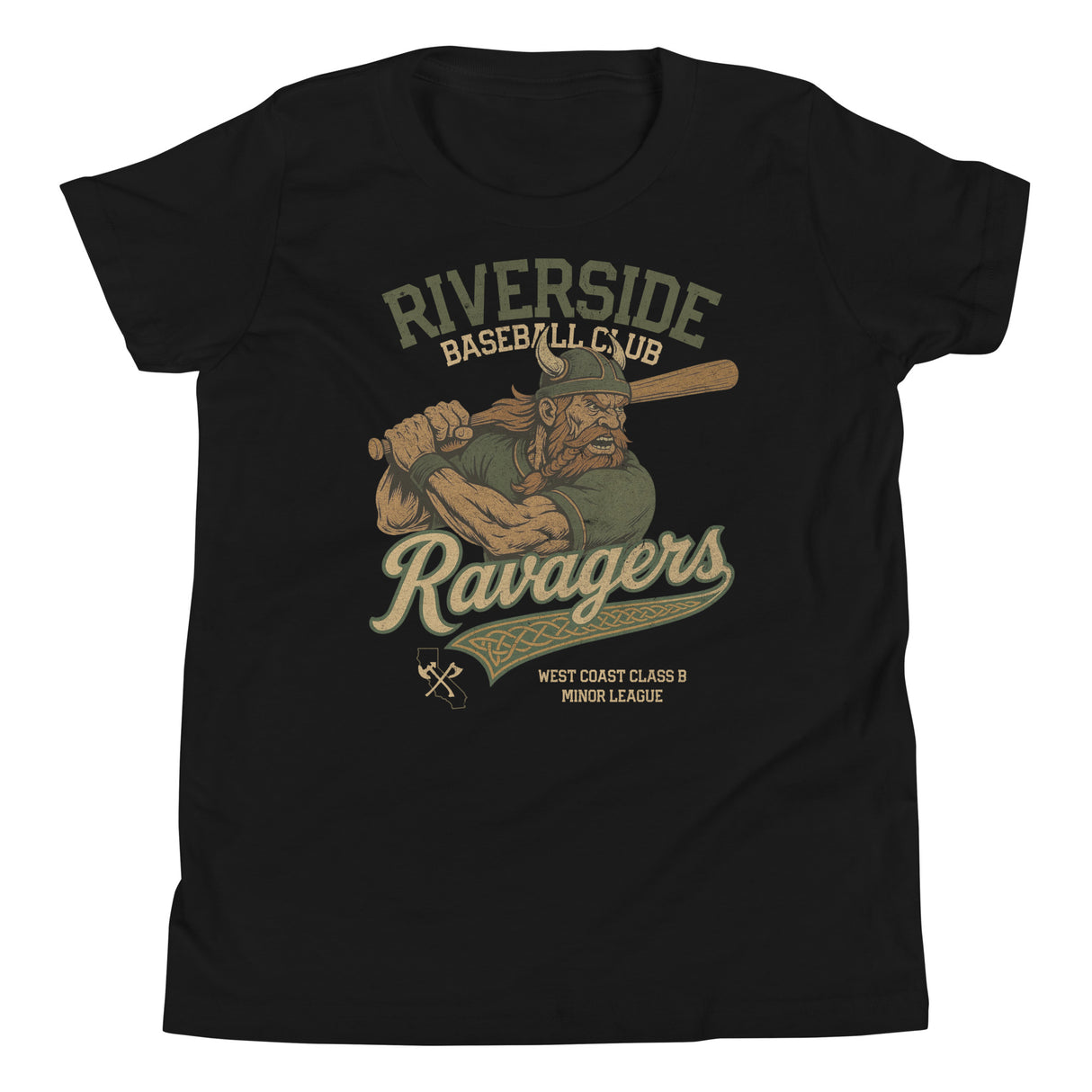 Flat lay of Riverside Ravagers youth t-shirt in black featuring the team’s retro Viking mascot, part of the Outfield Outlaws vintage baseball collection.