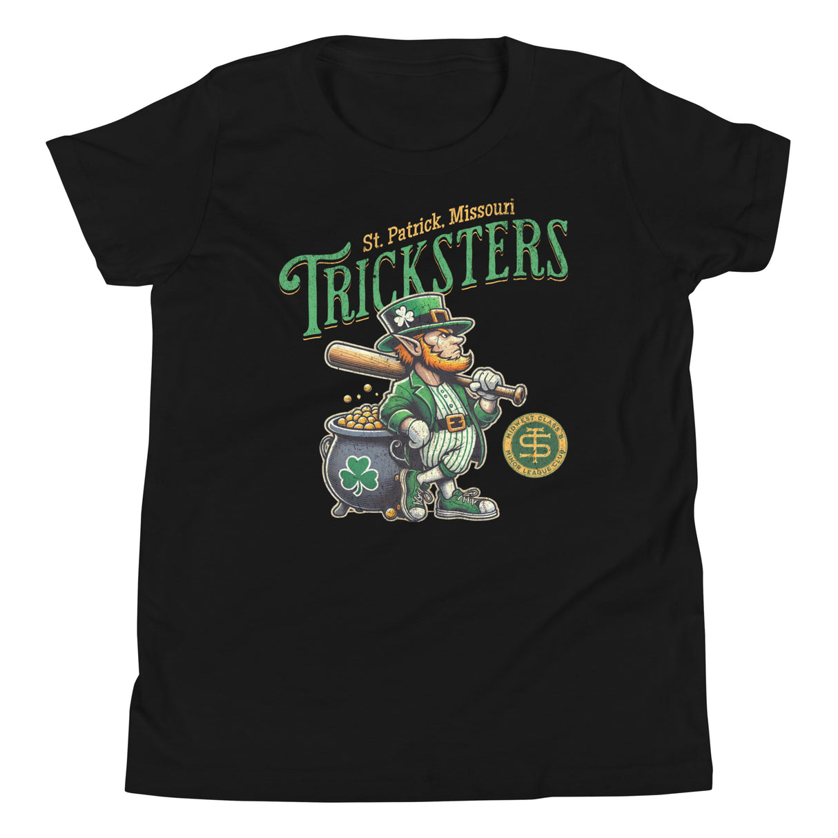 Flat lay of Outfield Outlaws St. Patrick Tricksters youth baseball t-shirt in black, showcasing retro leprechaun mascot design.