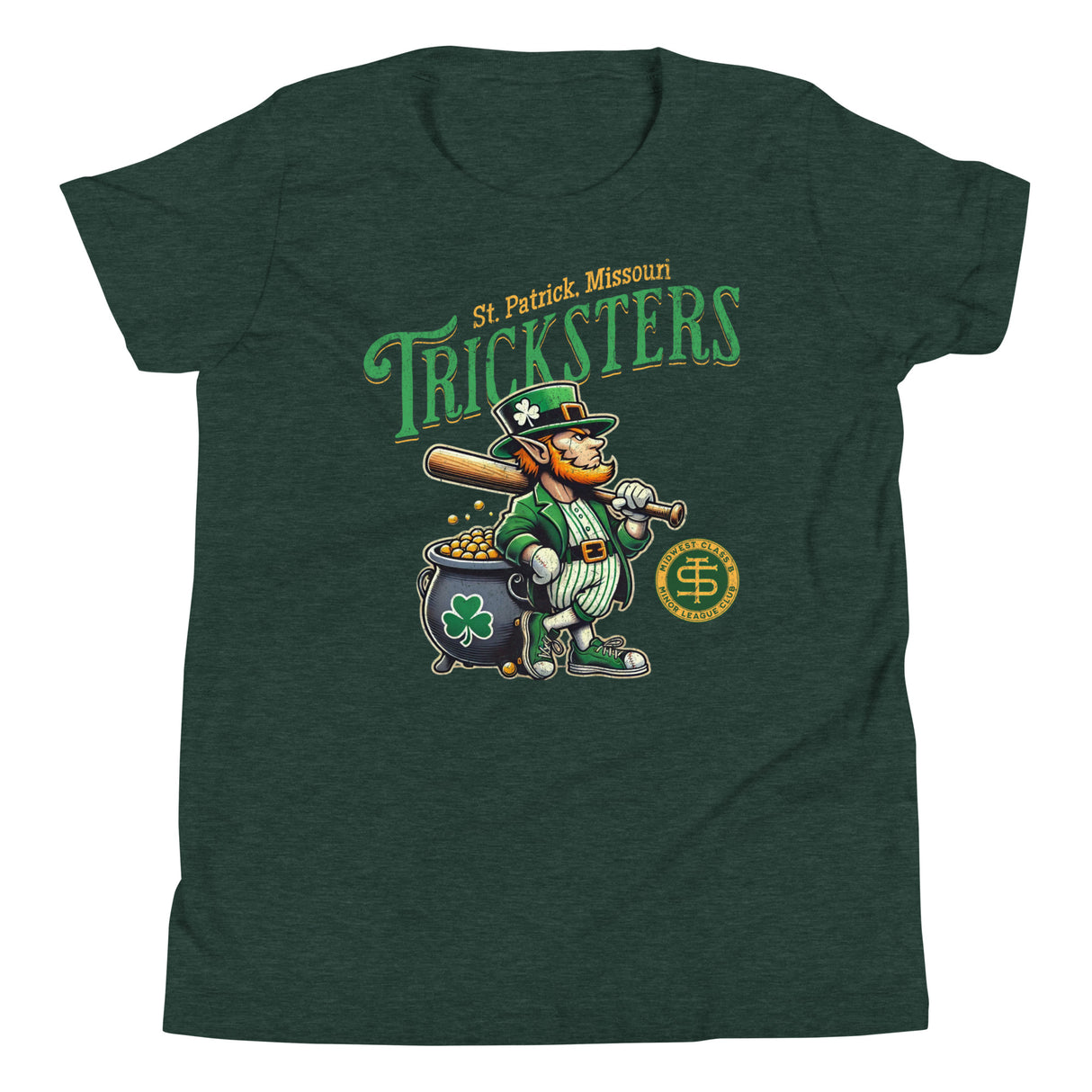 Outfield Outlaws youth t-shirt featuring the St. Patrick Tricksters leprechaun mascot, shown in Heather Forest Green flat lay style.