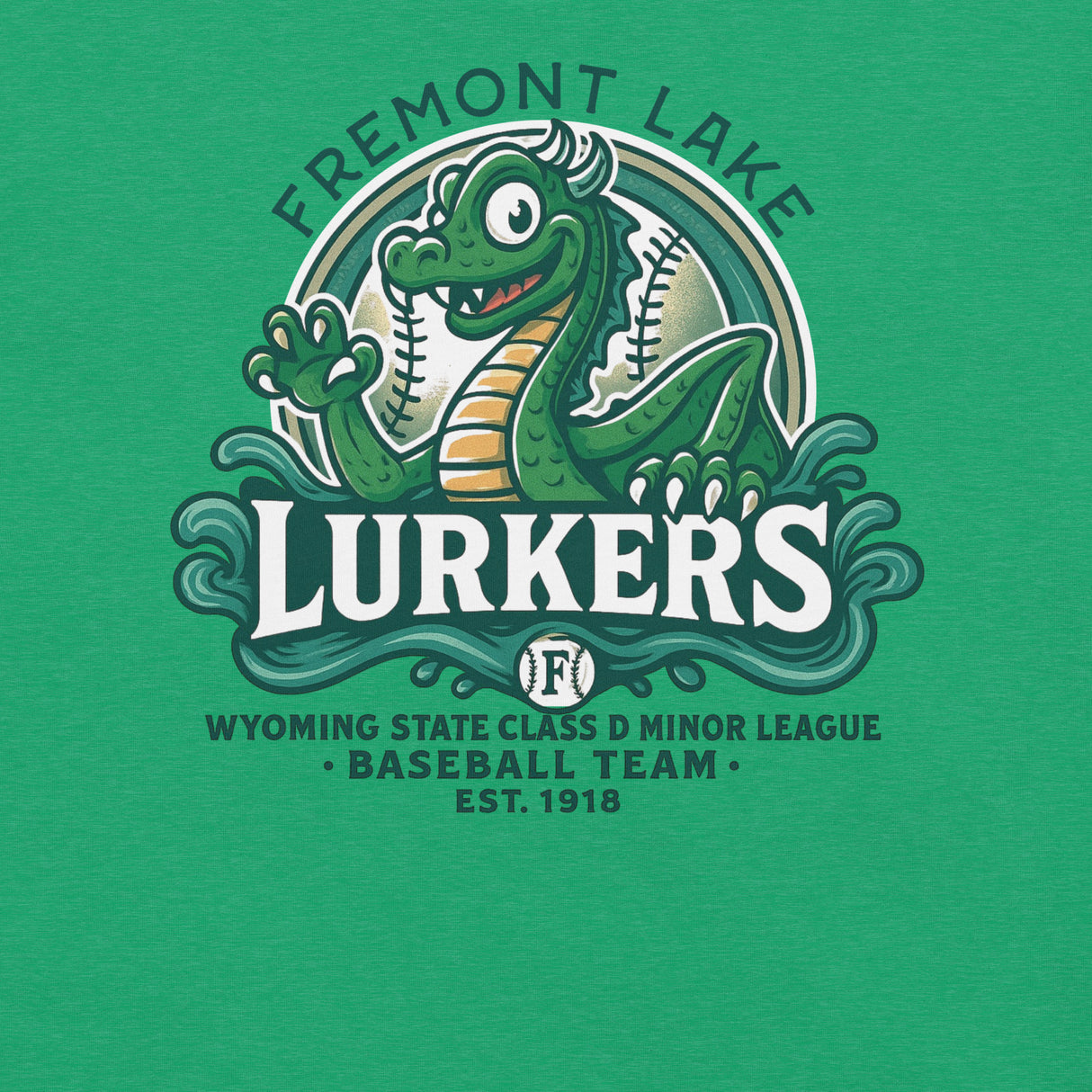 Close-up view of the Fremont Lake Lurkers mascot on heather kelly green fabric, showing bold lines and retro distressed detailing.