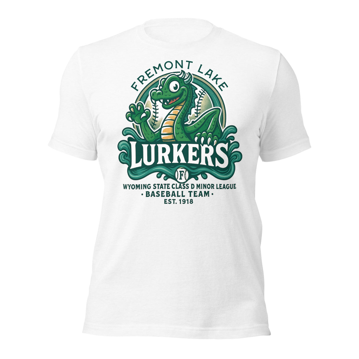 Flat lay of Fremont Lake Lurkers t-shirt in white with vintage lake monster mascot graphic from the Outfield Outlaws Cryptid Series.