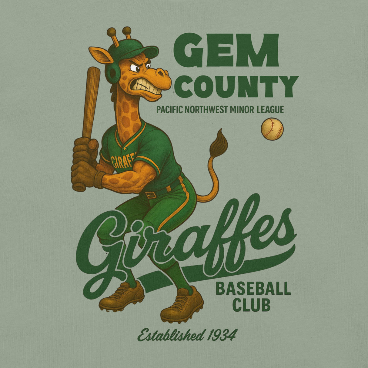 Close-up of fierce giraffe baseball mascot on sage Outfield Outlaws tee