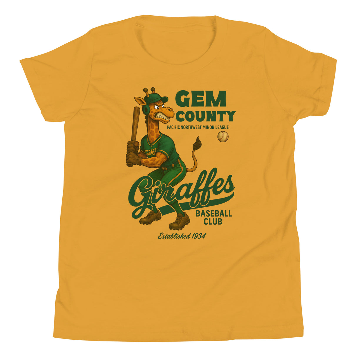Flat lay image of the Gem County Giraffes youth t-shirt in mustard yellow with retro baseball giraffe mascot on front.