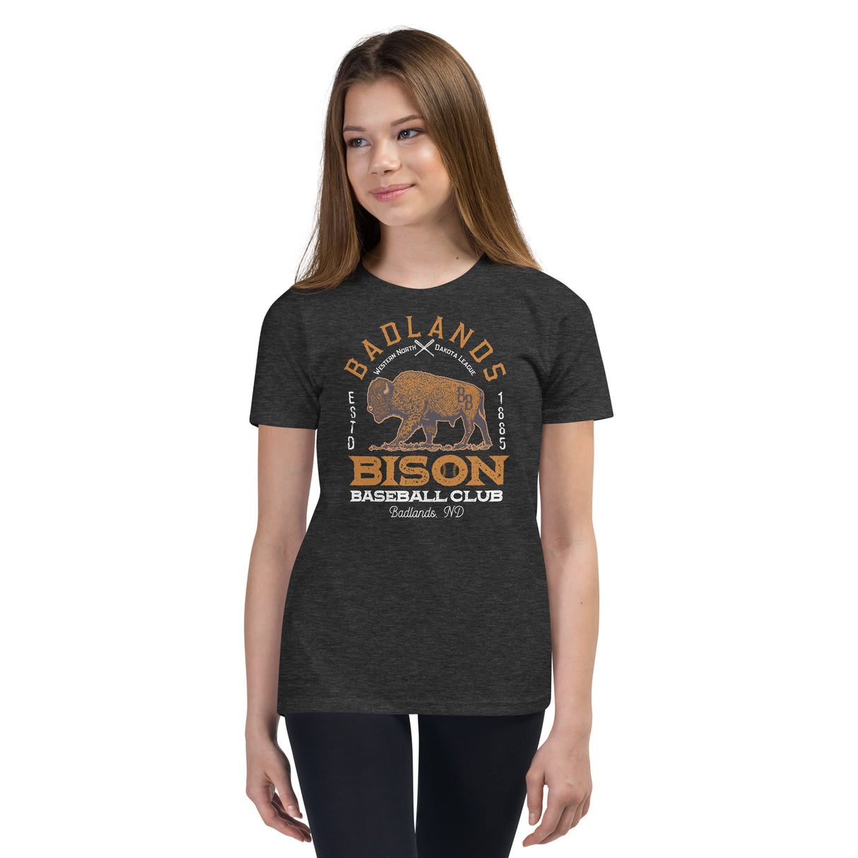 Girl in Badlands Bison mascot tee – vintage youth baseball shirt