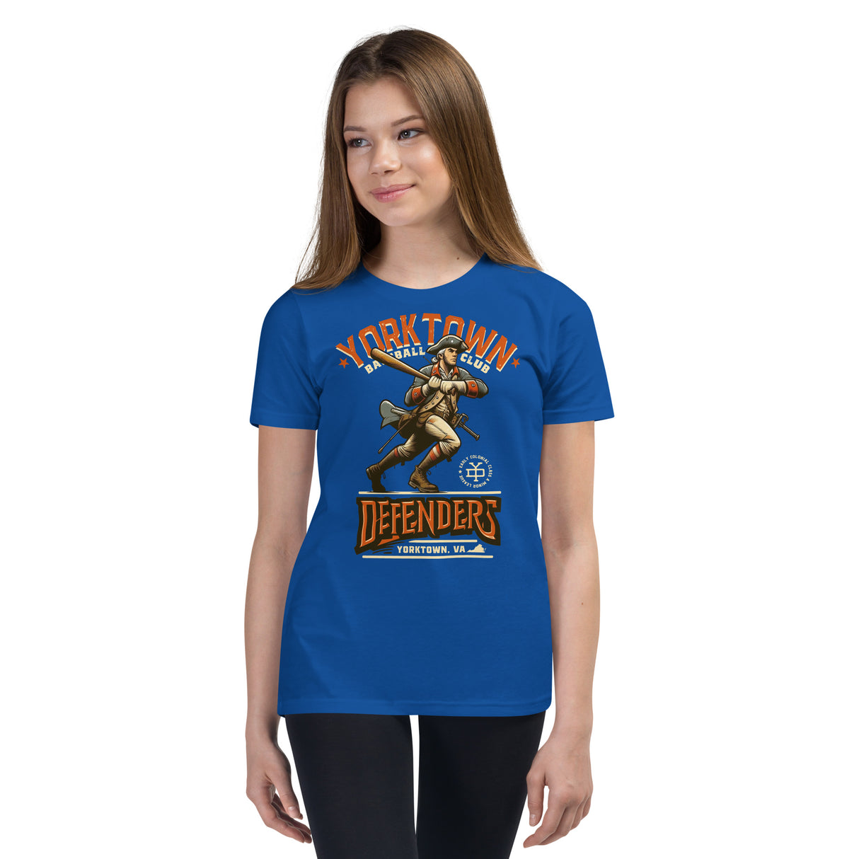 Girl in Yorktown Defenders mascot shirt β Outfield Outlaws Kids