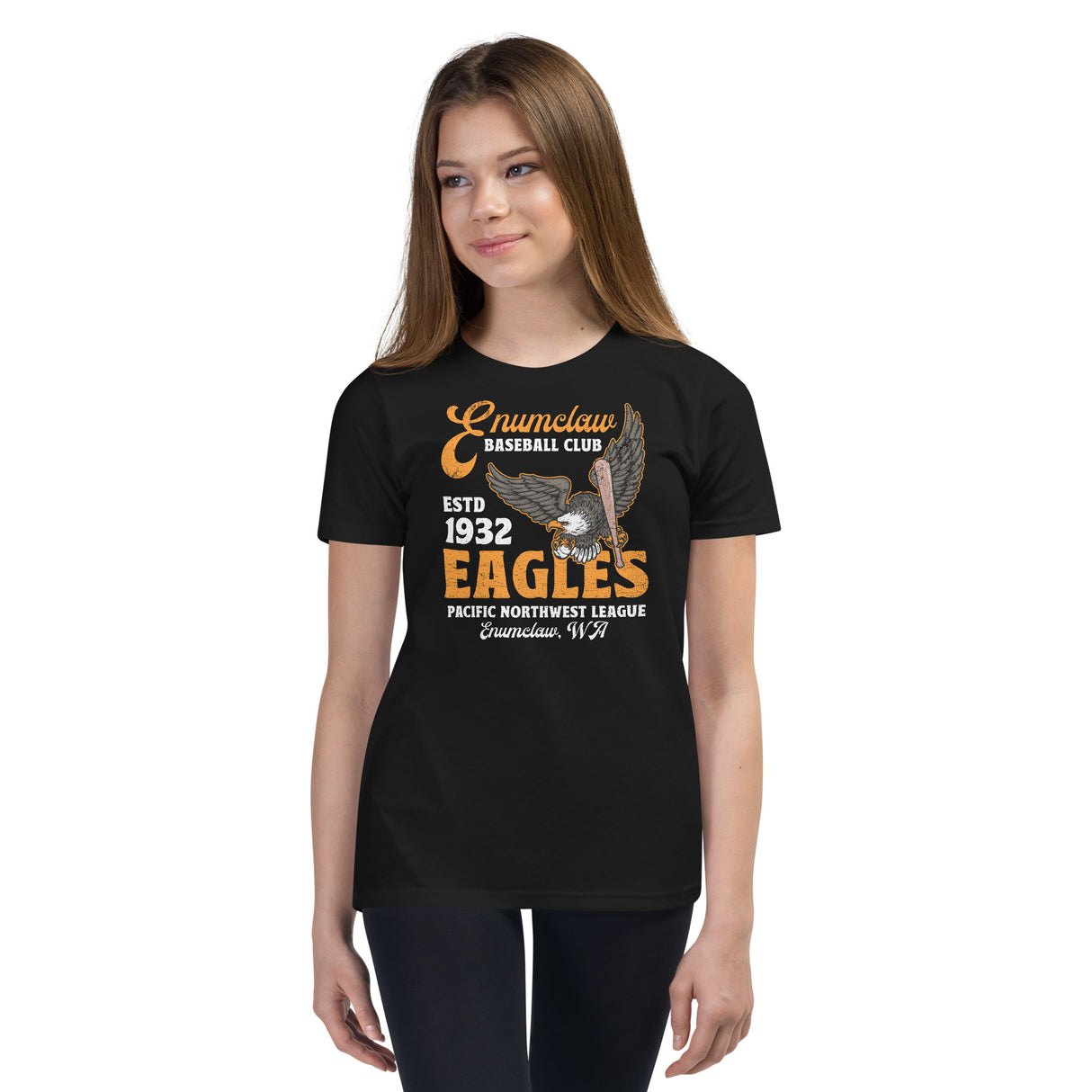 Girl wearing Enumclaw Eagles tee – youth Bella Canvas baseball shirt