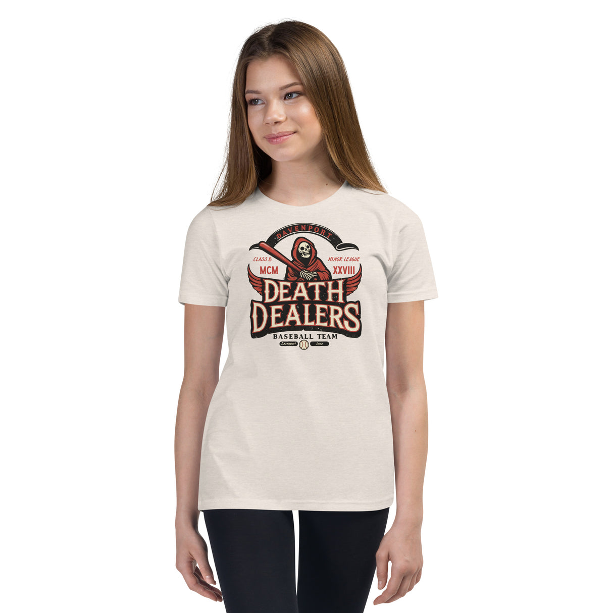 Girl in Davenport Death Dealers mascot tee – youth Bella Canvas