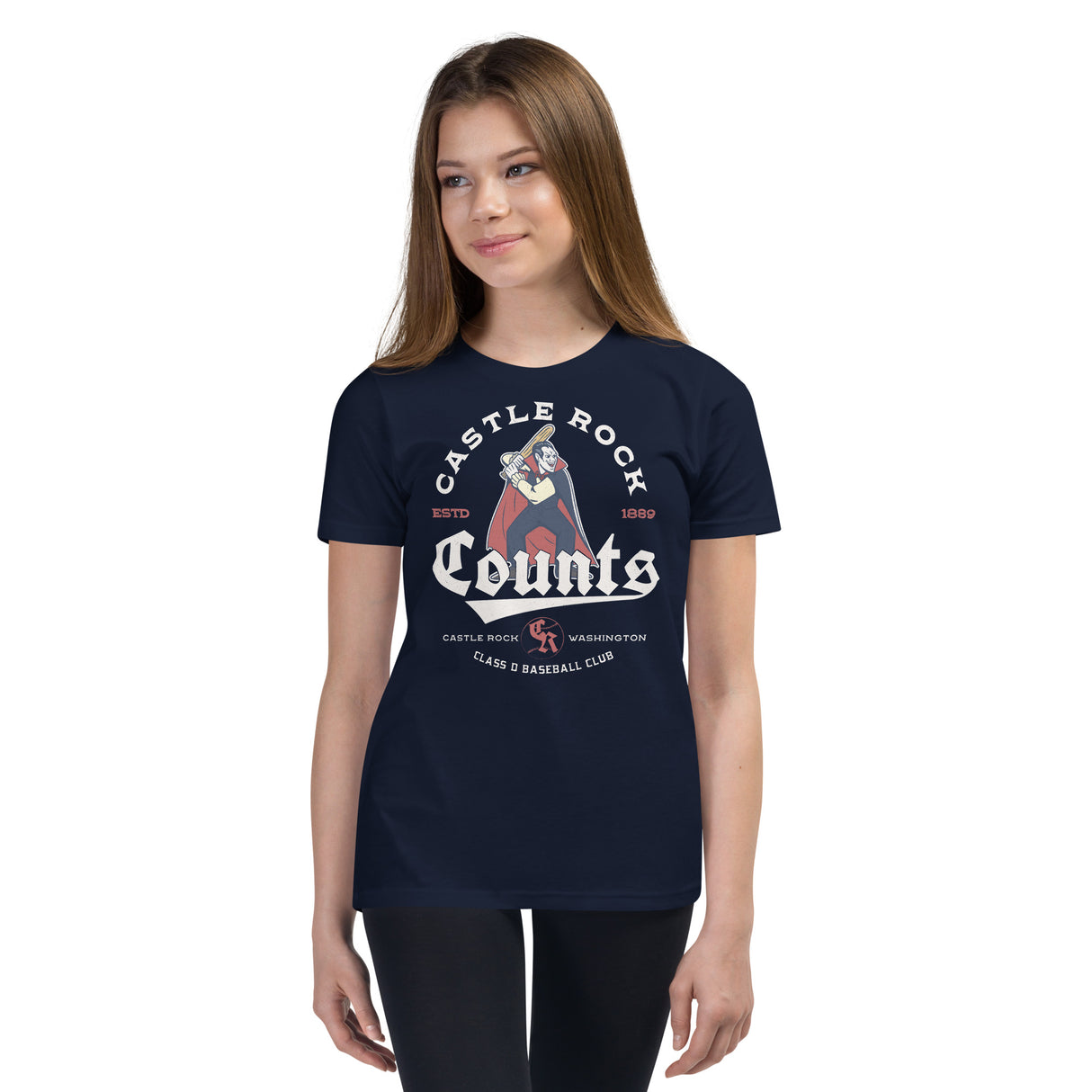 Girl wearing Castle Rock Counts youth shirt – funny vampire design