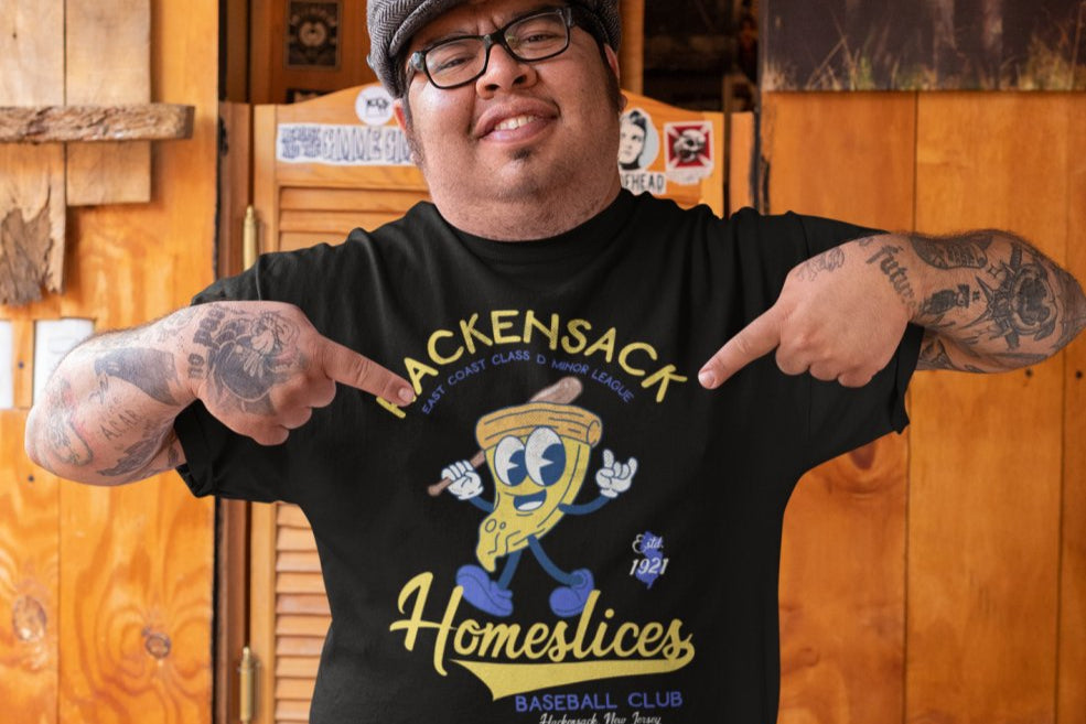 Man showing off his Outfield Outlaws retro baseball shirt